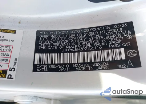 2023 Lexus Ux 250H Premium z USA, uszkodzony, nr VIN JTHP6JBH3P2156116